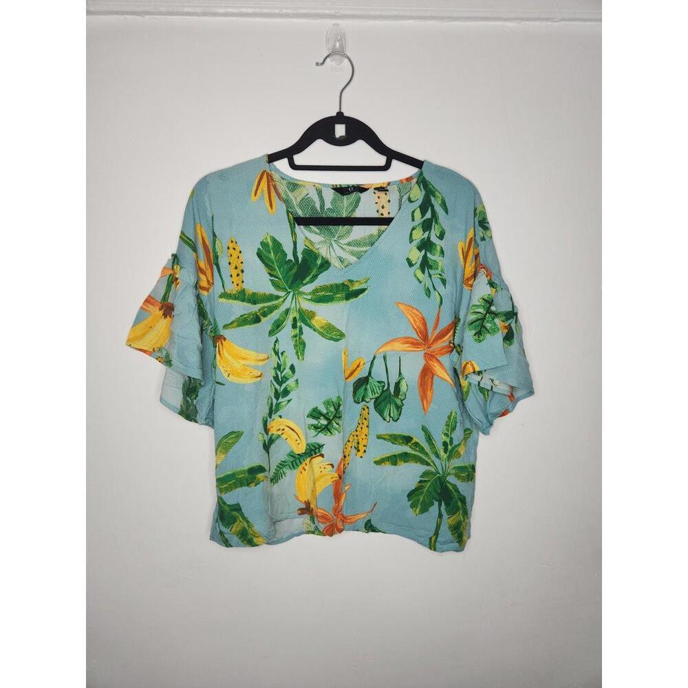 G By Giuliana Shirt Womens Large Blue Tropical Floral Flutter Sleeve Top Blouse